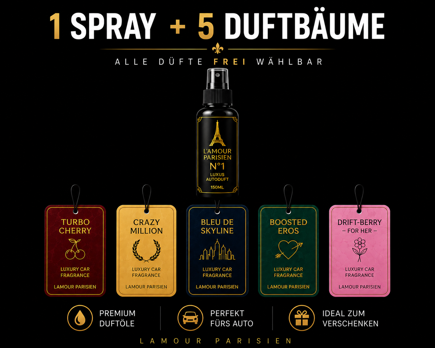 1 Autoduft Spray und 5 Duftbäume Bundle von Lamour Parisien
