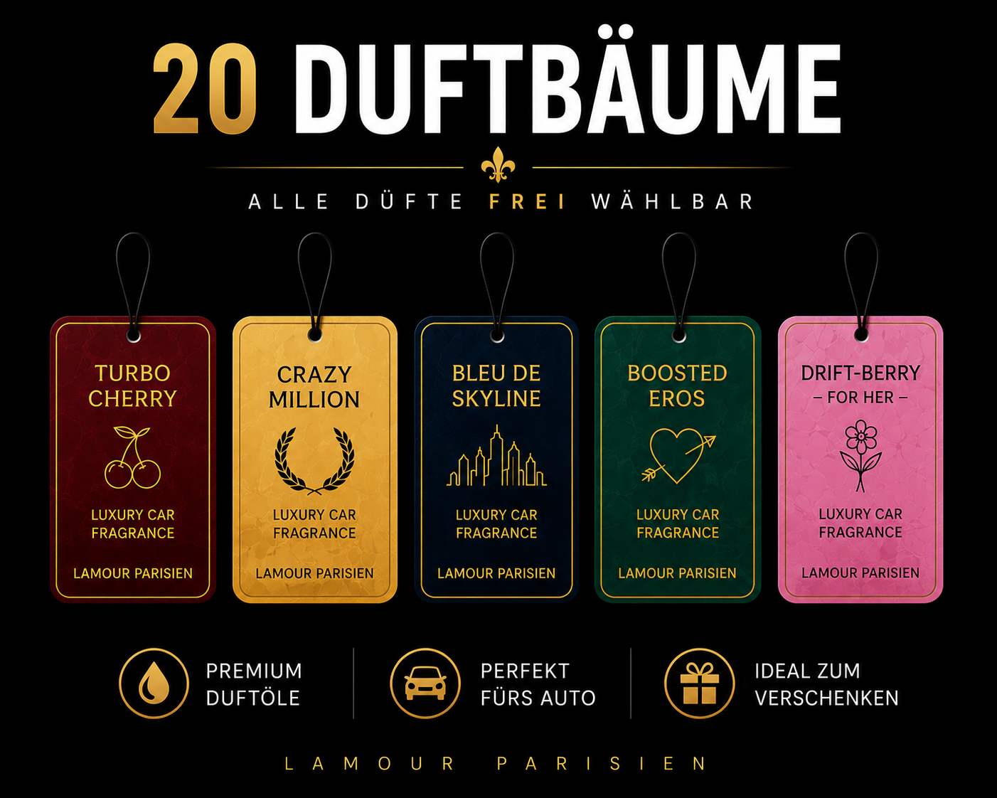 20 Duftbäume Bundle mit frei wählbaren Luxus Autodüften von Lamour Parisien
