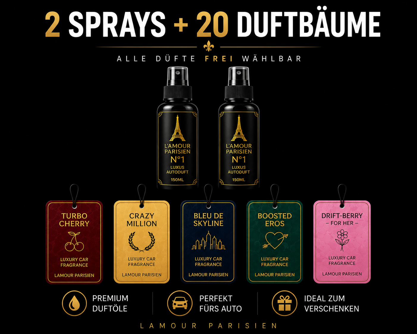 2 Autoduft Sprays und 20 Duftbäume Bundle von Lamour Parisien