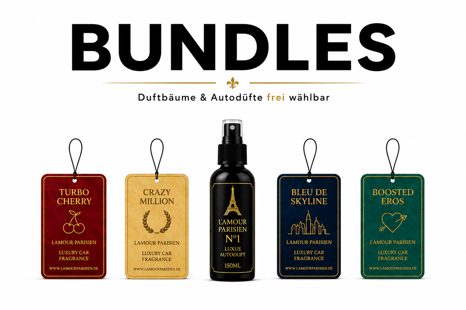 Autoduft Bundles mit frei wählbaren Duftbäumen und Autoduft Sprays von Lamour Parisien